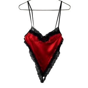 VTG Le J'adore Red Black Body Suit Stretch Lace Spaghetti Teddy Sleepwear Size ?